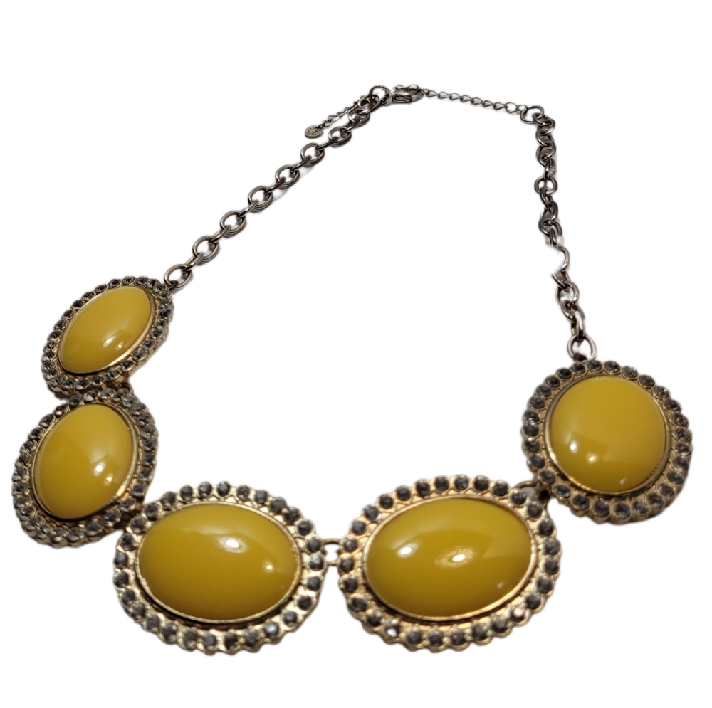 Sunny Yellow Ovals Outlined With Rhinstones Bib Necklace Vintage